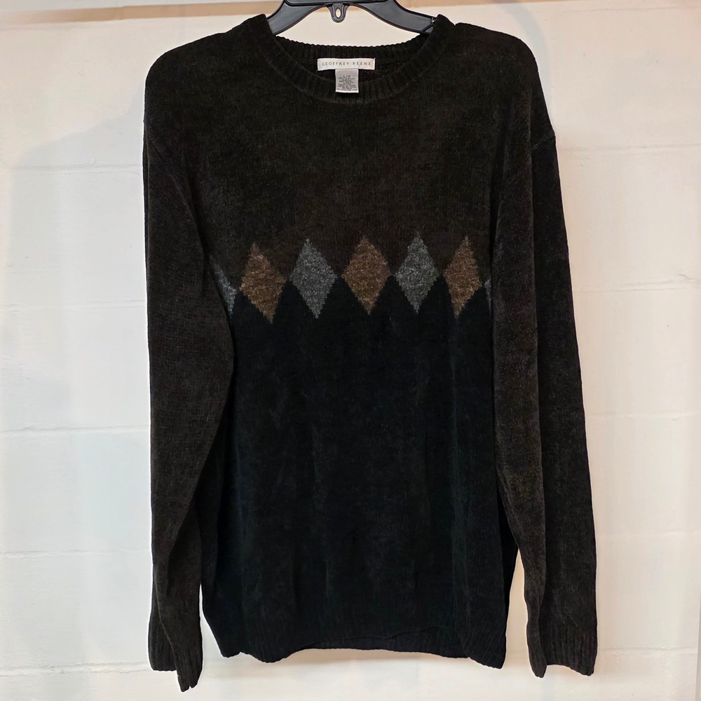 Vintage Geoffrey Beene Mens Large Chenille Argyle‎ Sweater Brown Grey Crewneck